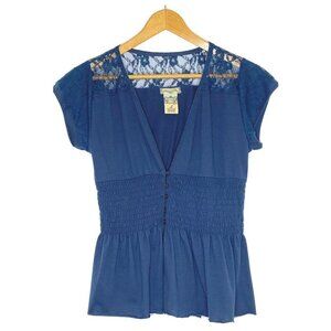 American Rag CIE Women's size Large Cap Sleeve V Neck Peplum Top Navy Blue Lace